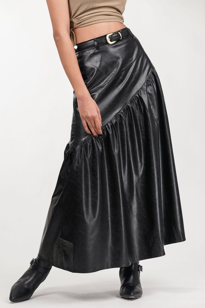 Black Drift Pleated Leather Skirt