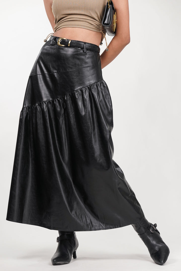 Black Drift Pleated Leather Skirt