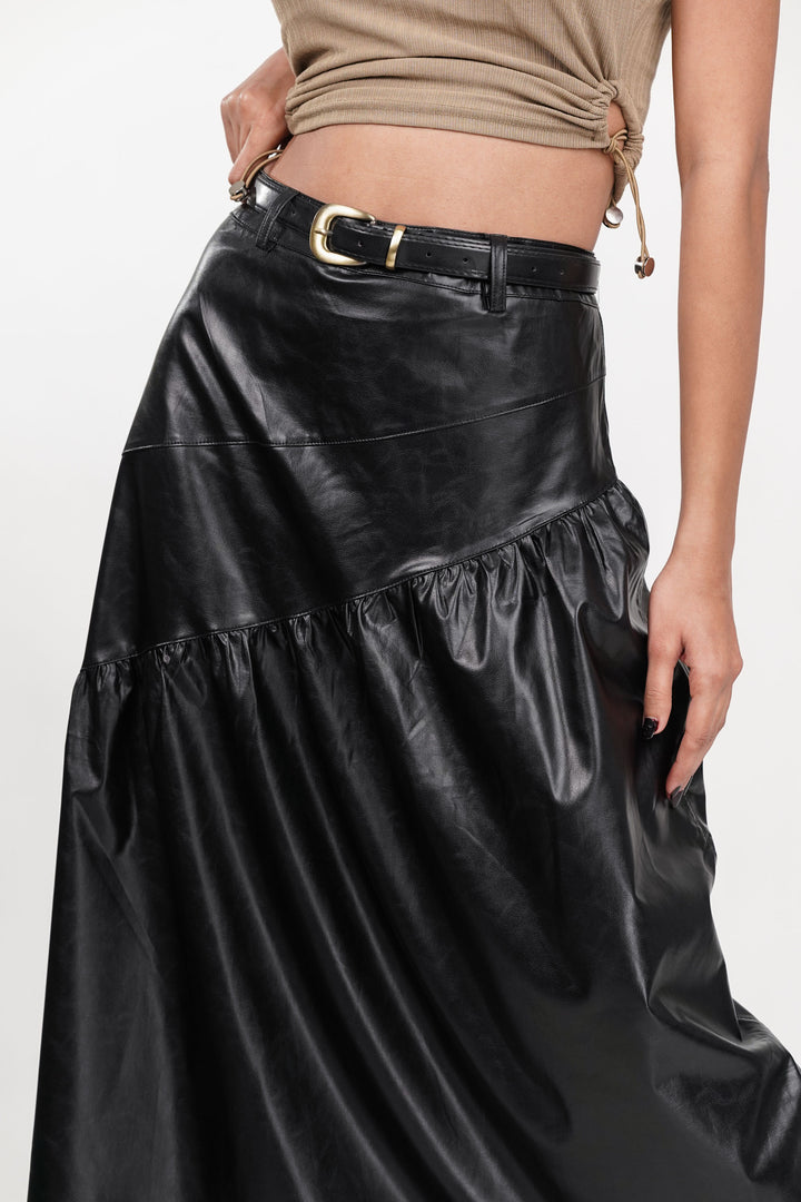 Black Drift Pleated Leather Skirt