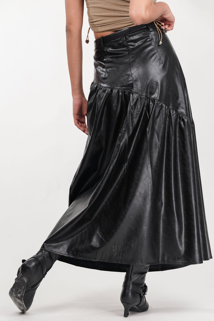 Black Drift Pleated Leather Skirt