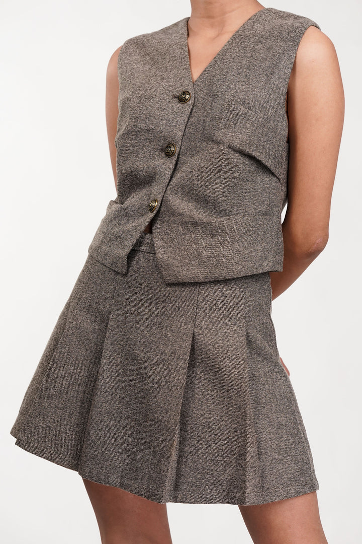 Cinnamon Pleated Waist Coat & Skirt Co Ord