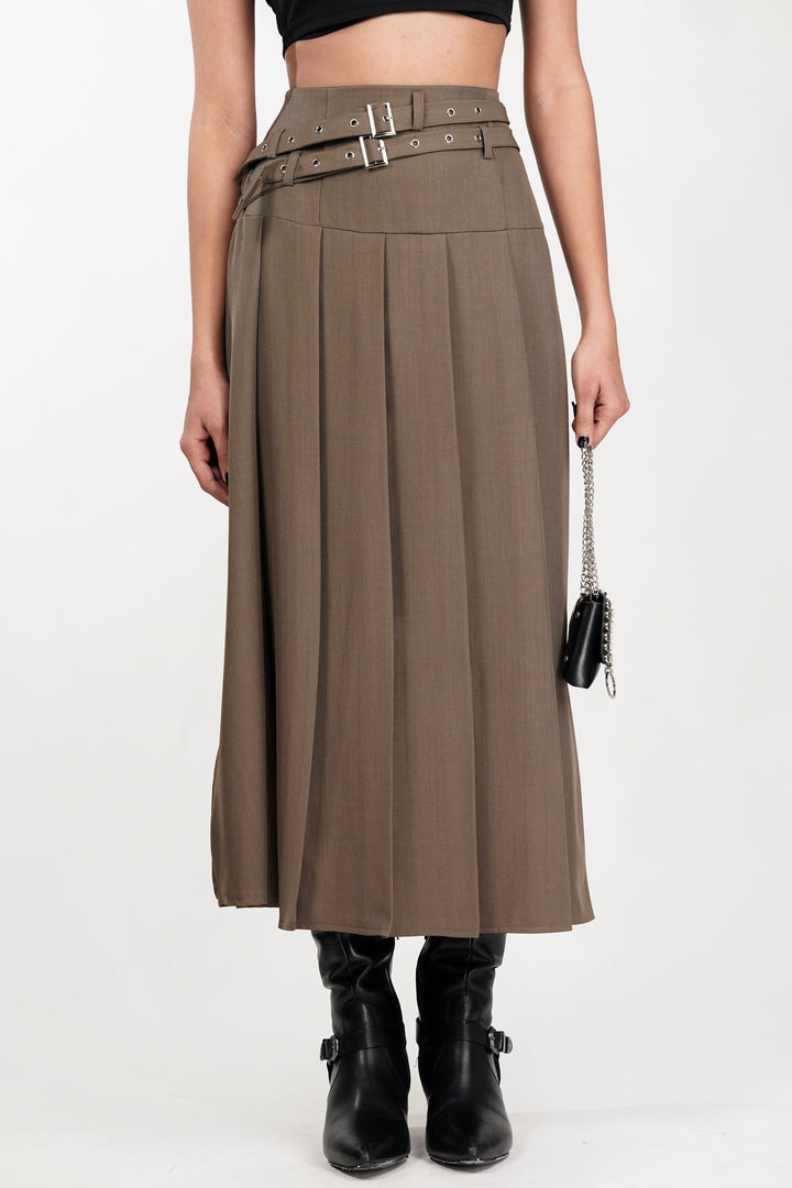 Sage Dual Belt Pleat Skirt