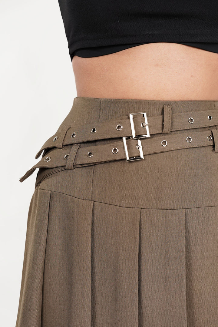 Sage Dual Belt Pleat Skirt