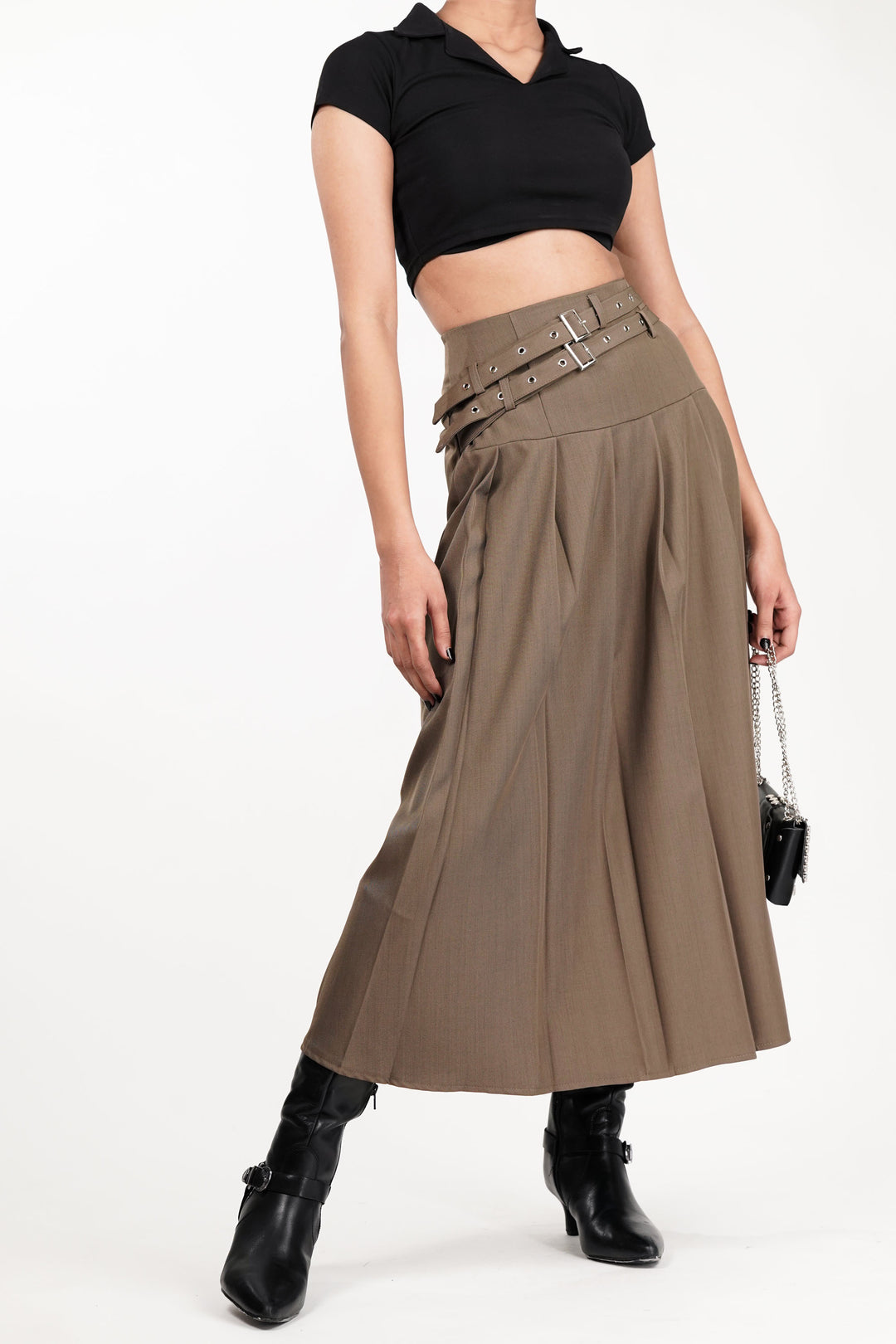 Sage Dual Belt Pleat Skirt