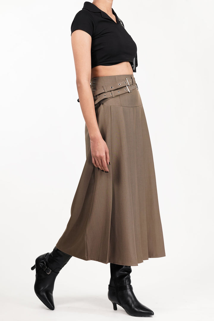 Sage Dual Belt Pleat Skirt