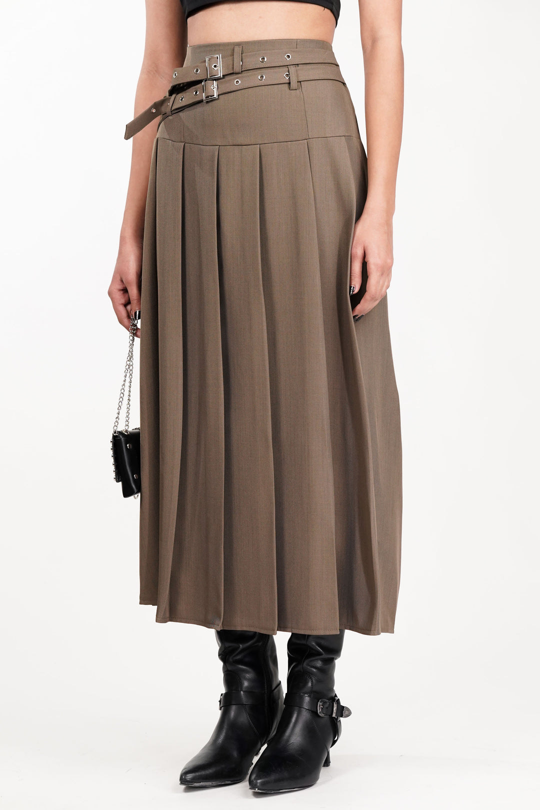 Sage Dual Belt Pleat Skirt