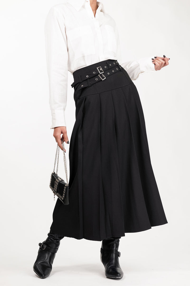 Black Dual Belt Pleat Skirt