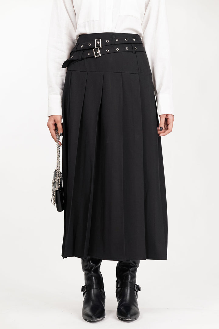 Black Dual Belt Pleat Skirt