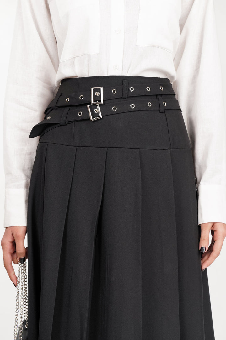 Black Dual Belt Pleat Skirt