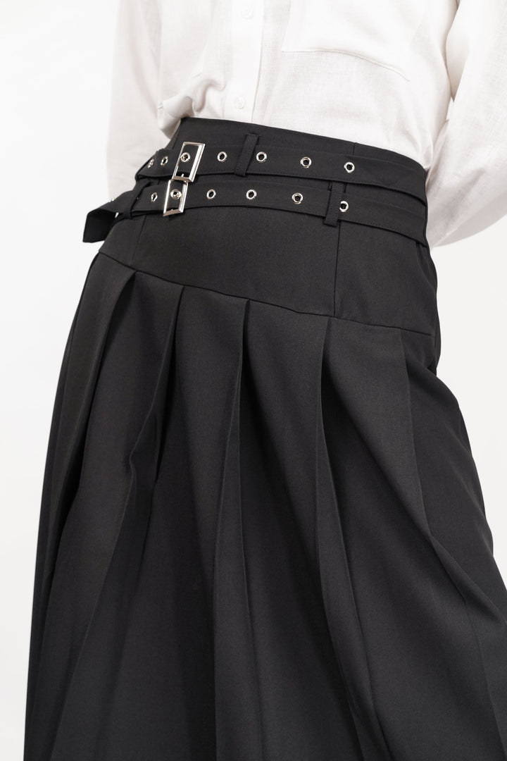 Black Dual Belt Pleat Skirt