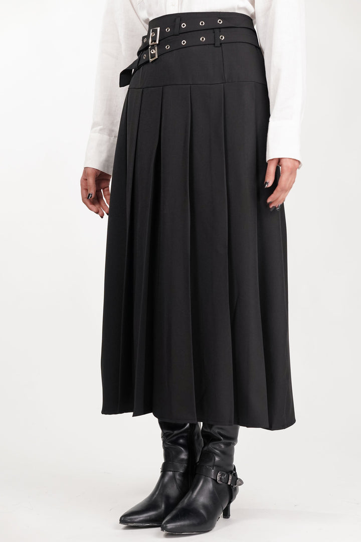 Black Dual Belt Pleat Skirt