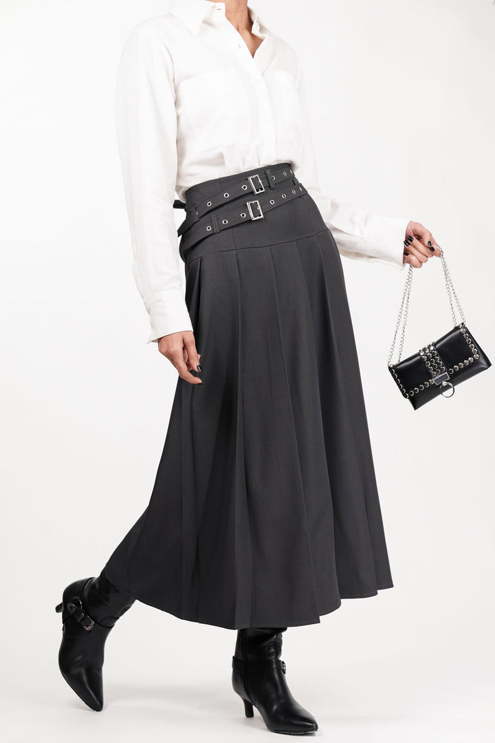 Gray Dual Belt Pleat Skirt