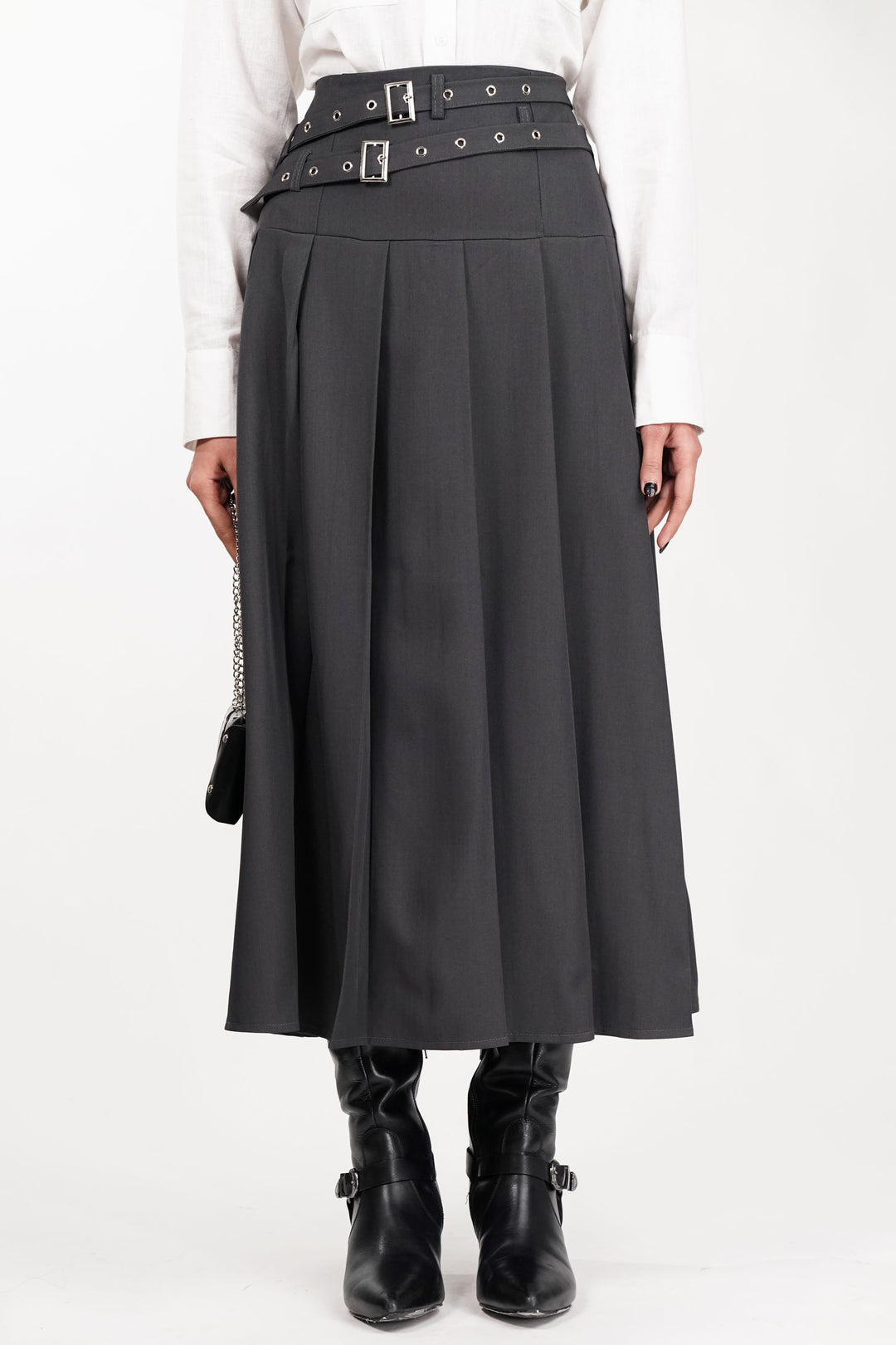 Gray Dual Belt Pleat Skirt