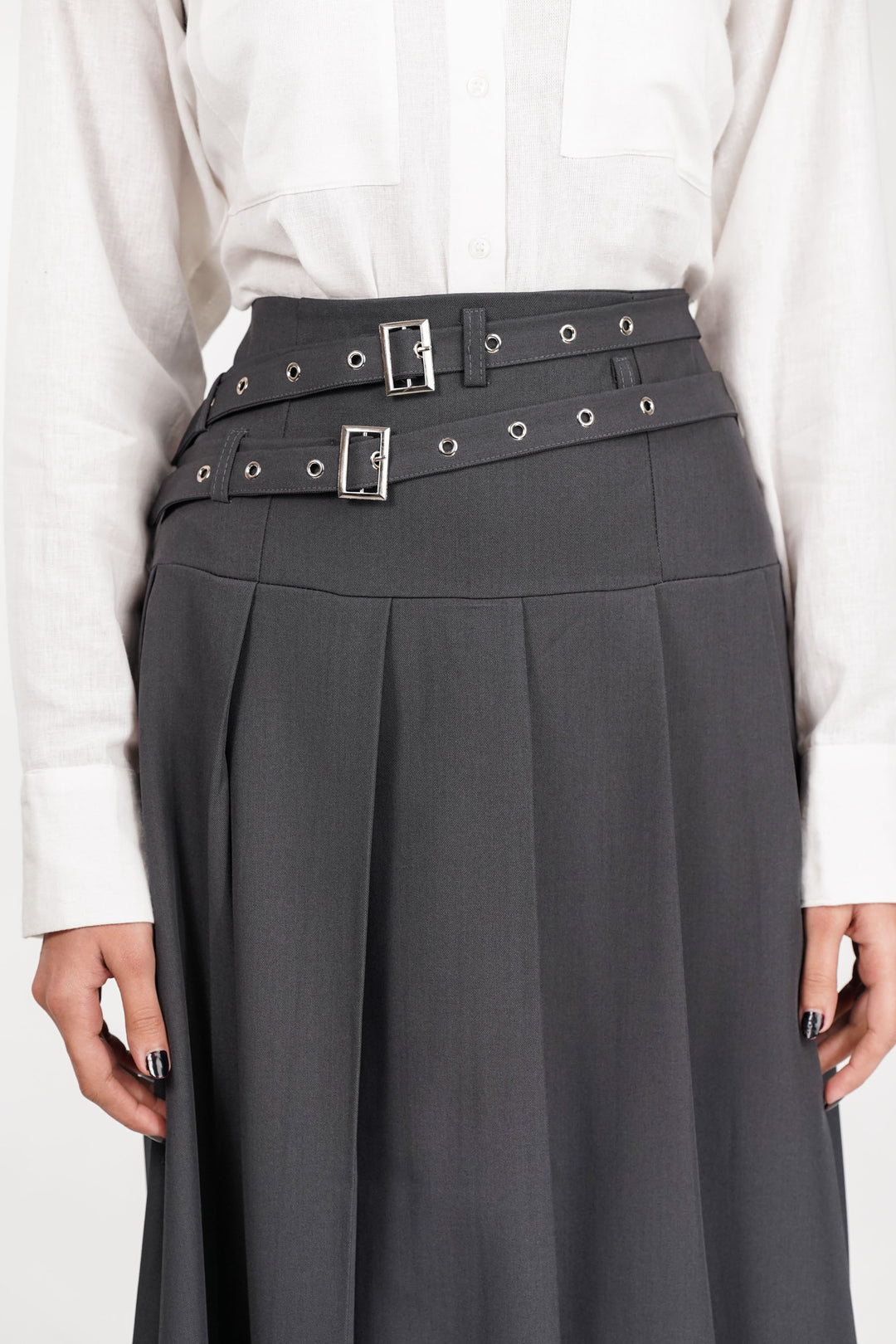 Gray Dual Belt Pleat Skirt