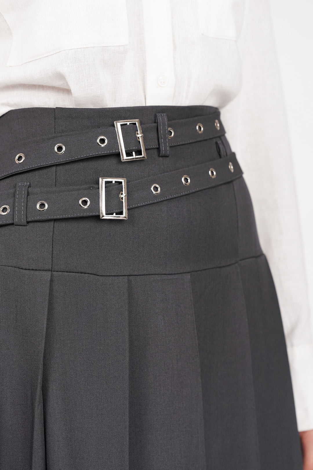 Gray Dual Belt Pleat Skirt