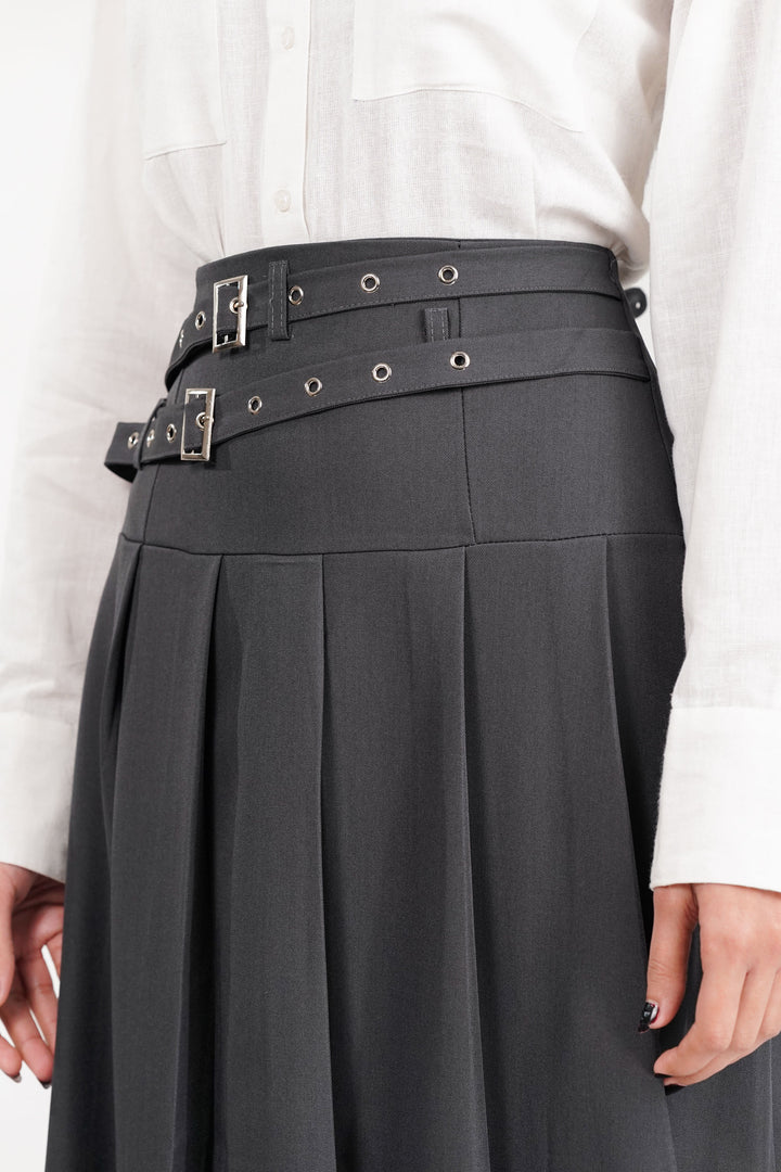 Gray Dual Belt Pleat Skirt