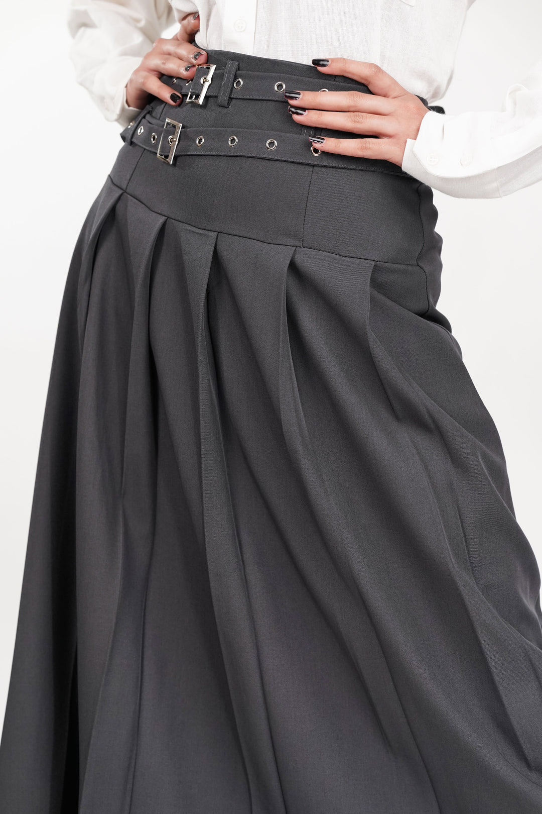 Gray Dual Belt Pleat Skirt