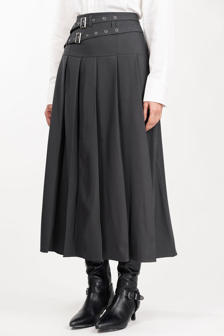 Gray Dual Belt Pleat Skirt