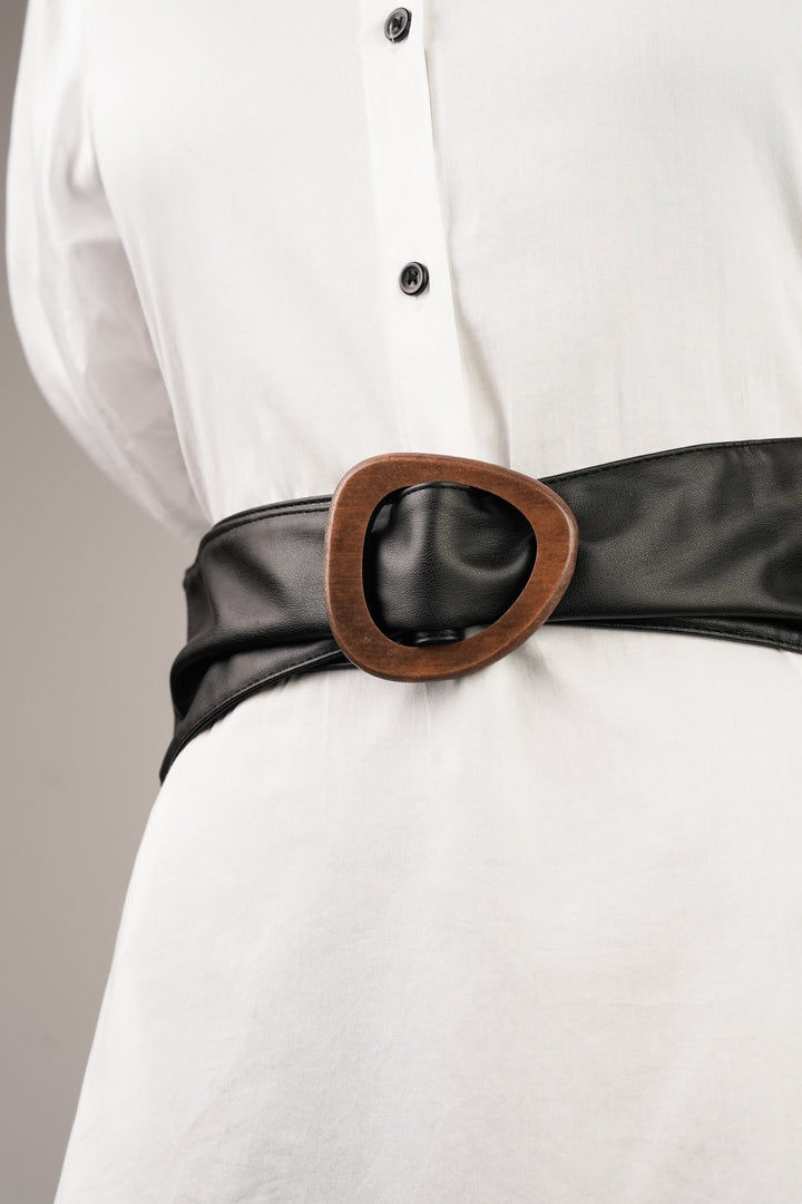 Wooden Buckle Black Waist Belt