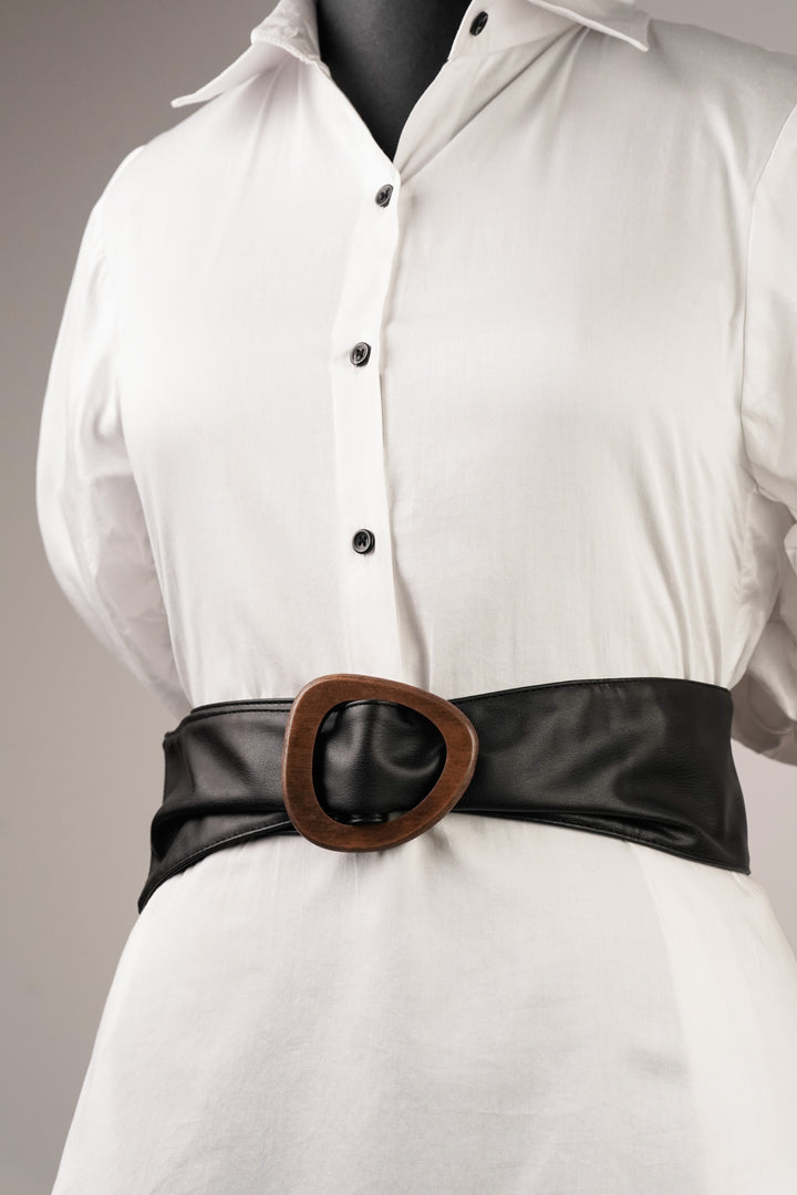 Wooden Buckle Black Waist Belt