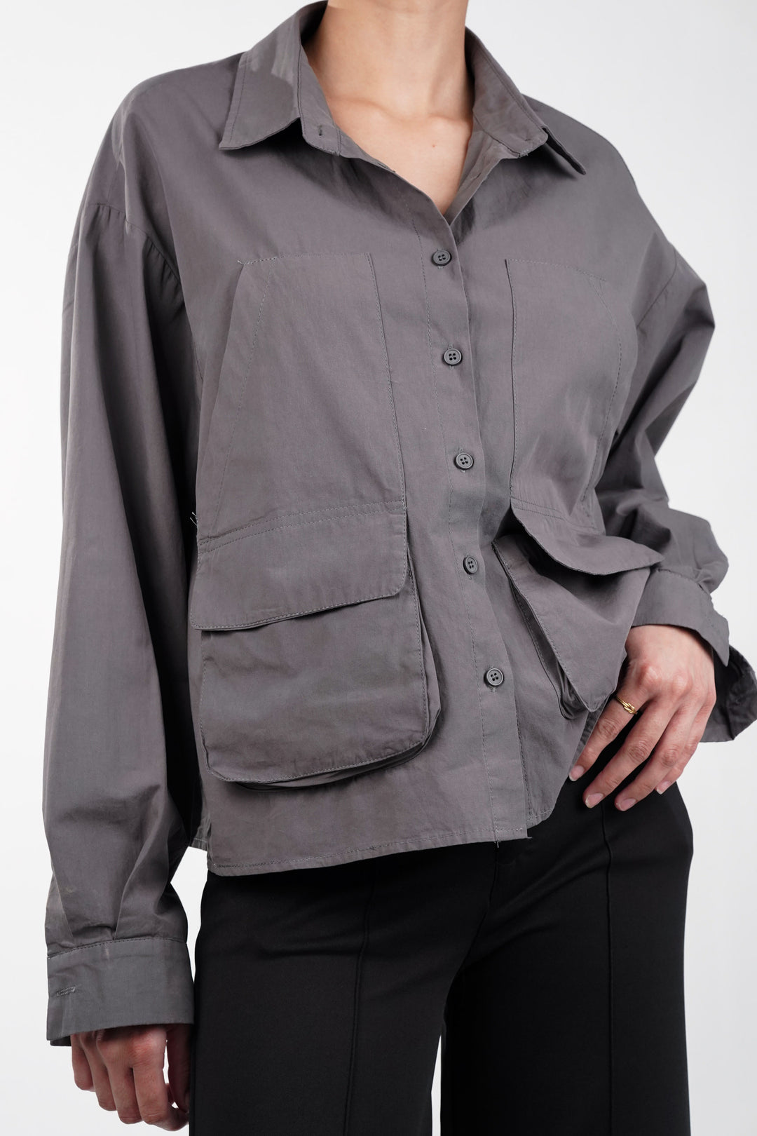 Grey Cotton Shirt With Patch Pockets