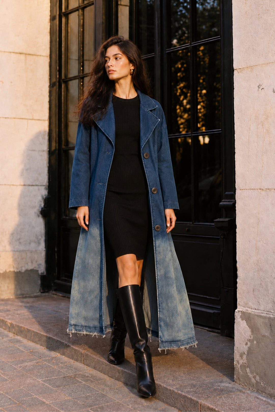 blue denim trench coat