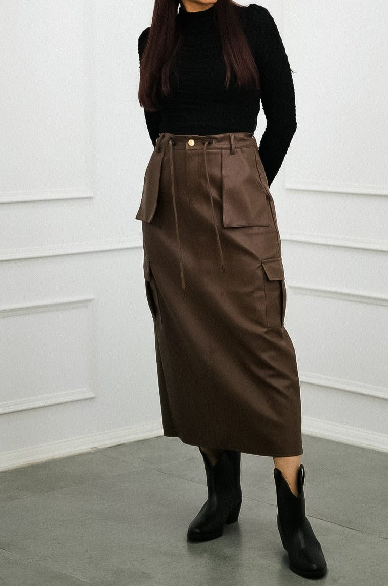Versatile Faux Leather Skirt The perfect blend of edgy and chic in brown cargo style