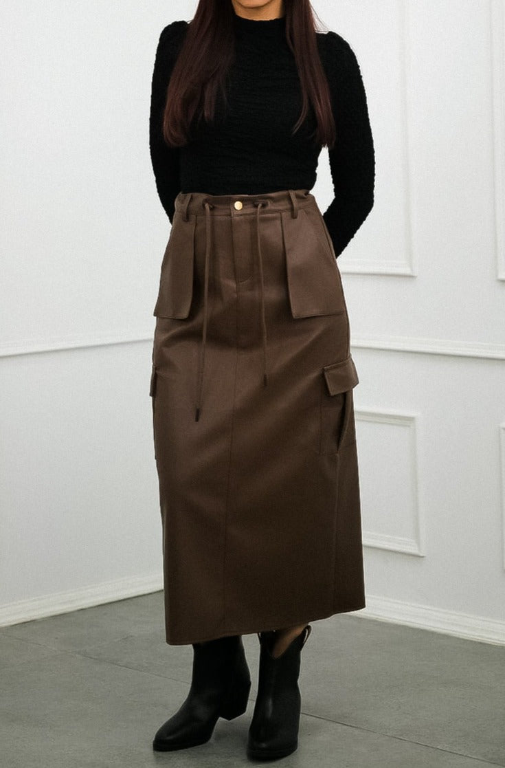 Brown Faux Leather Cargo Skirt A stylish and edgy addition to your wardrobe