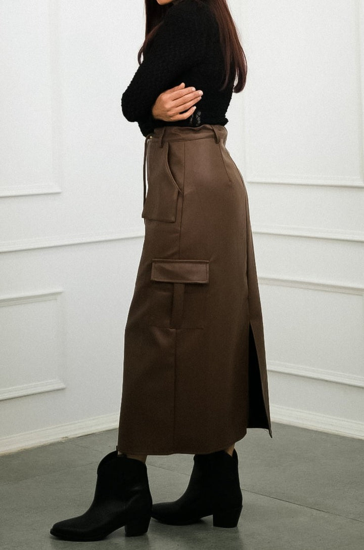 Trendy Brown Cargo Skirt Stay on-point with this faux leather, cargo-inspired fashion piece