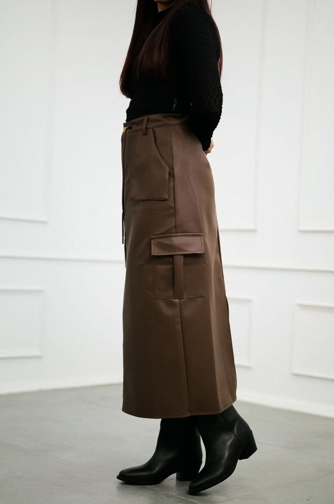 Chic Brown Faux Leather Skirt Elevate your outfit with this trendy cargo-inspired piece