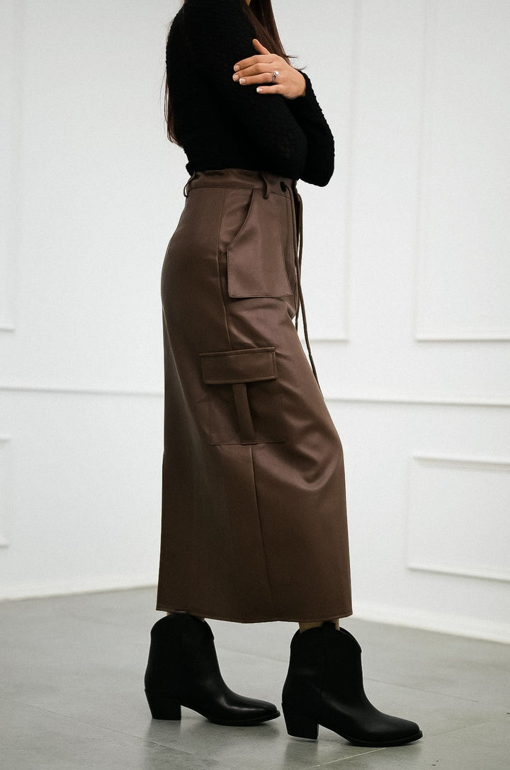Edgy Cargo Style Brown Faux Leather Skirt for a fashionable and modern look