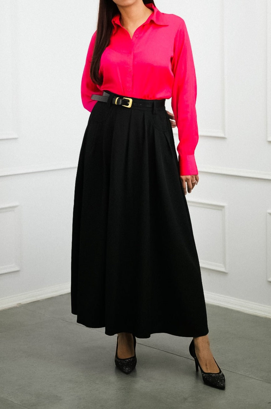 Chic and Stylish Black Pleated Maxi Skirt with Belt