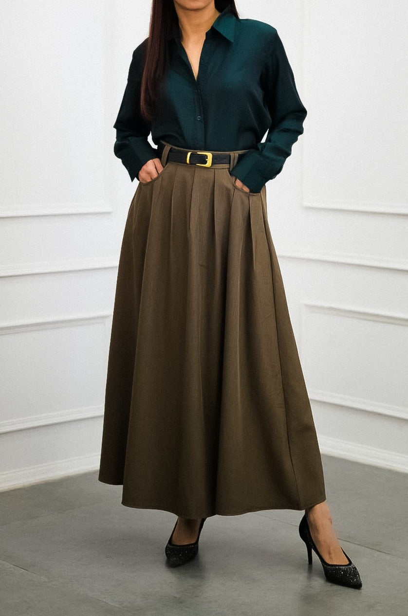 Sepia Long Pleated Skirt with Belt - Elegant Fashion