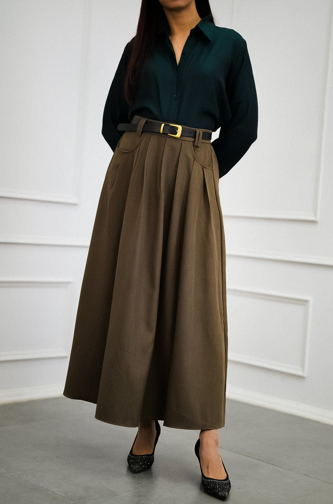 Chic Sepia Pleated Maxi Skirt Stylish Women's Clothing