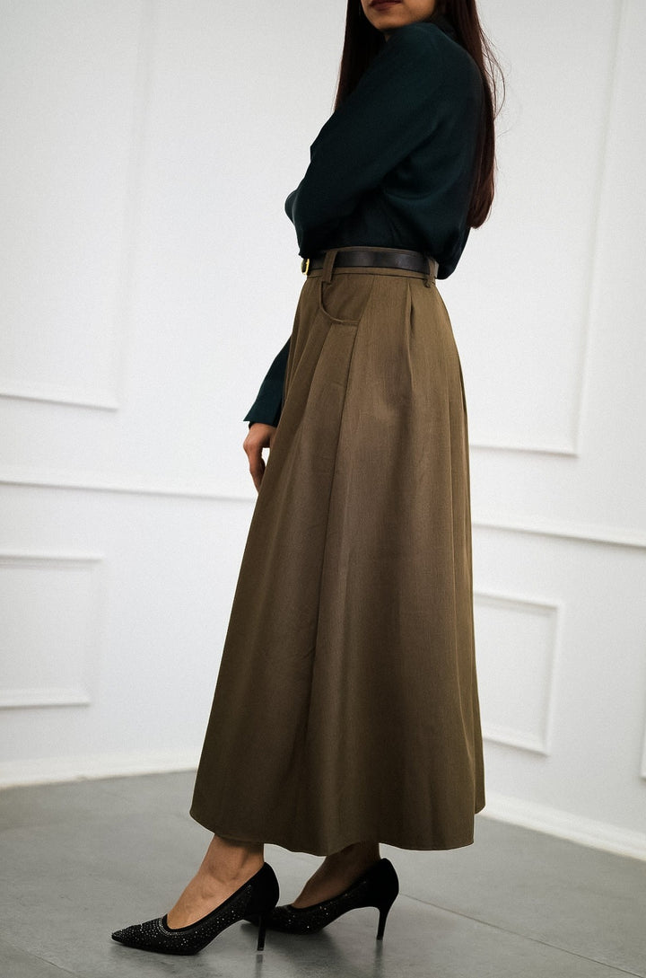 Long Pleated Skirt in Sepia with Belt Trendy Apparel