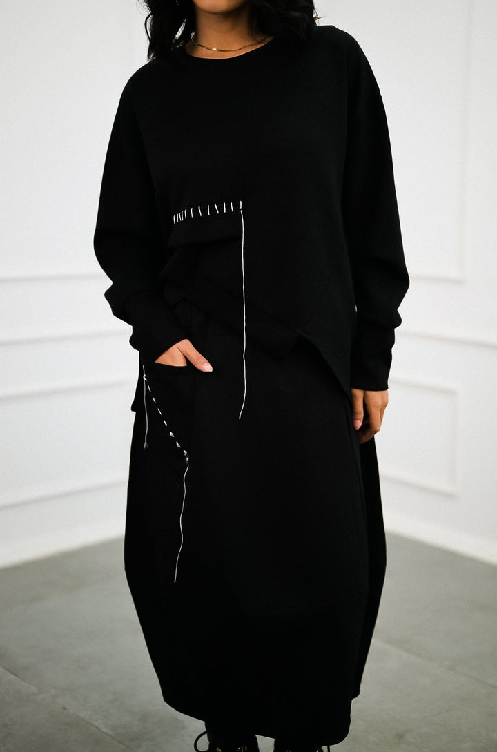 Chic and Comfortable Black Skirt-Sweatshirt Coord Set 