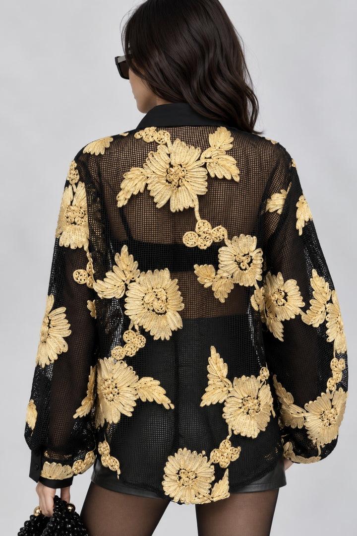 black sheer floral embroidered shirt
