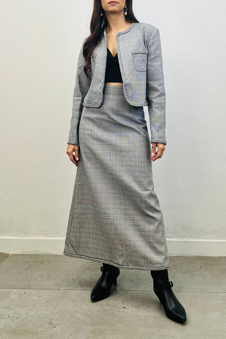 Woven Grey Skirt and Jacket Set