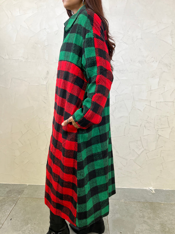 Checkered Long Trench Coat