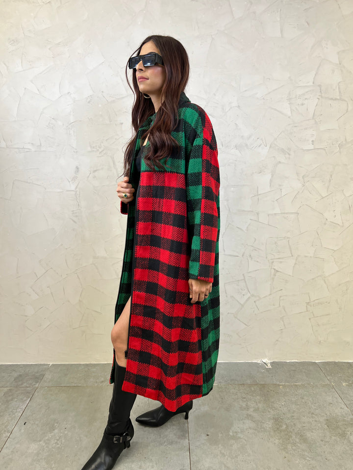 Checkered Long Trench Coat