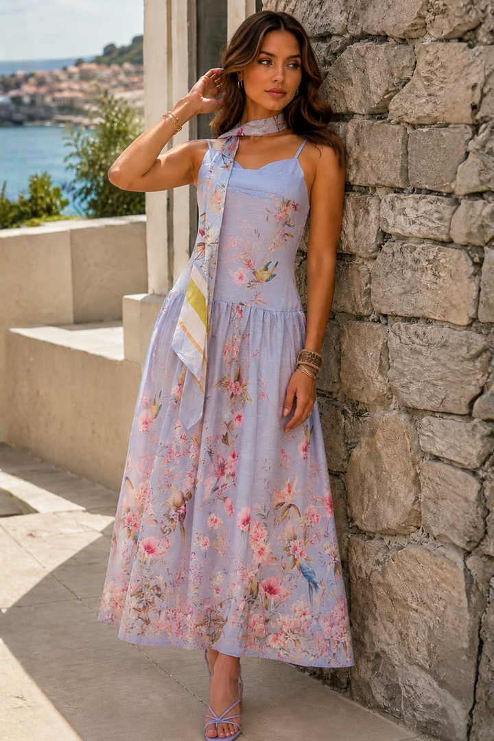 lavender dress with scarf detail