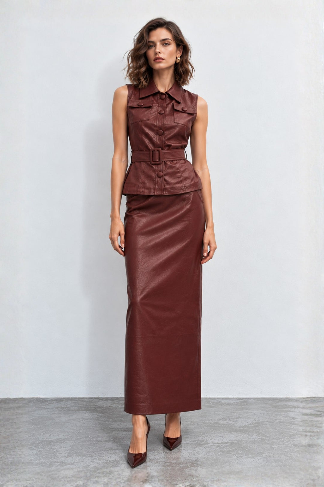 Faux leather skirt set for women