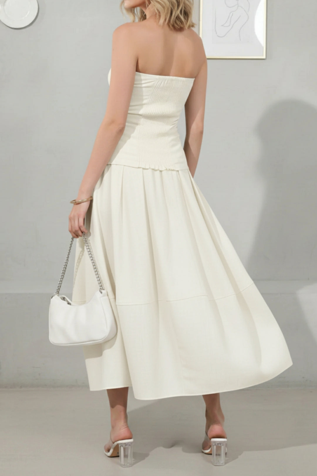 White Bandeau Linen Top & Skirt Set