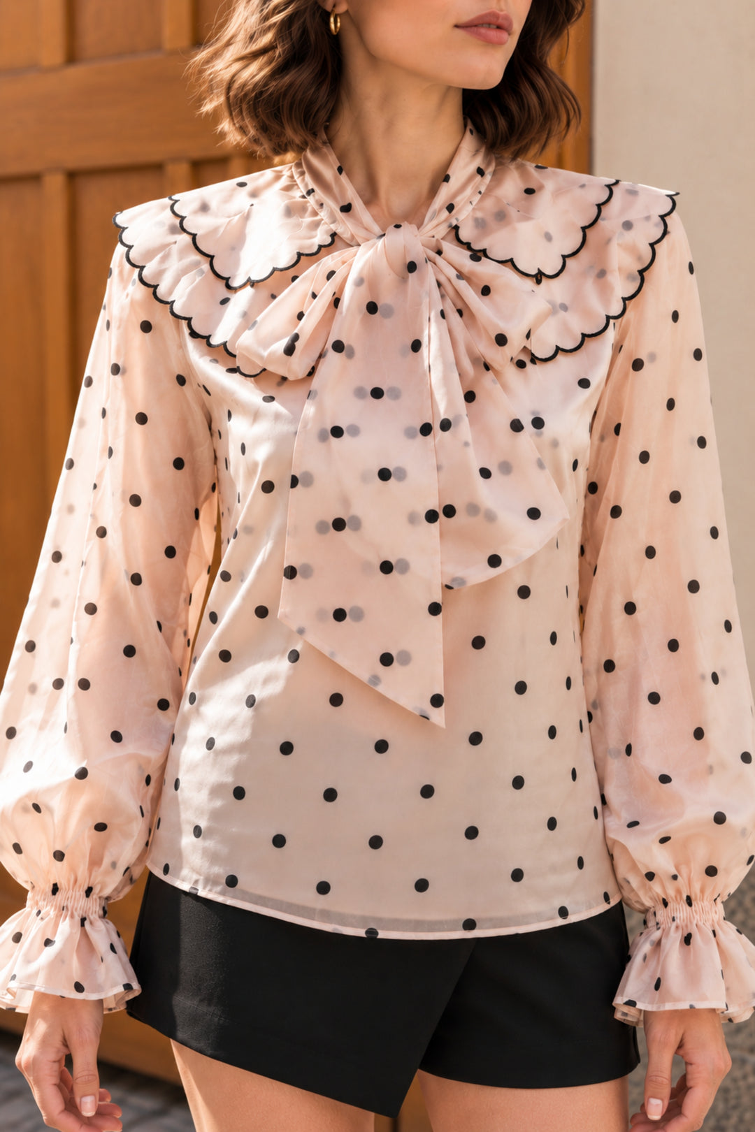 Women’s Organza Polka Dot Top with Bow