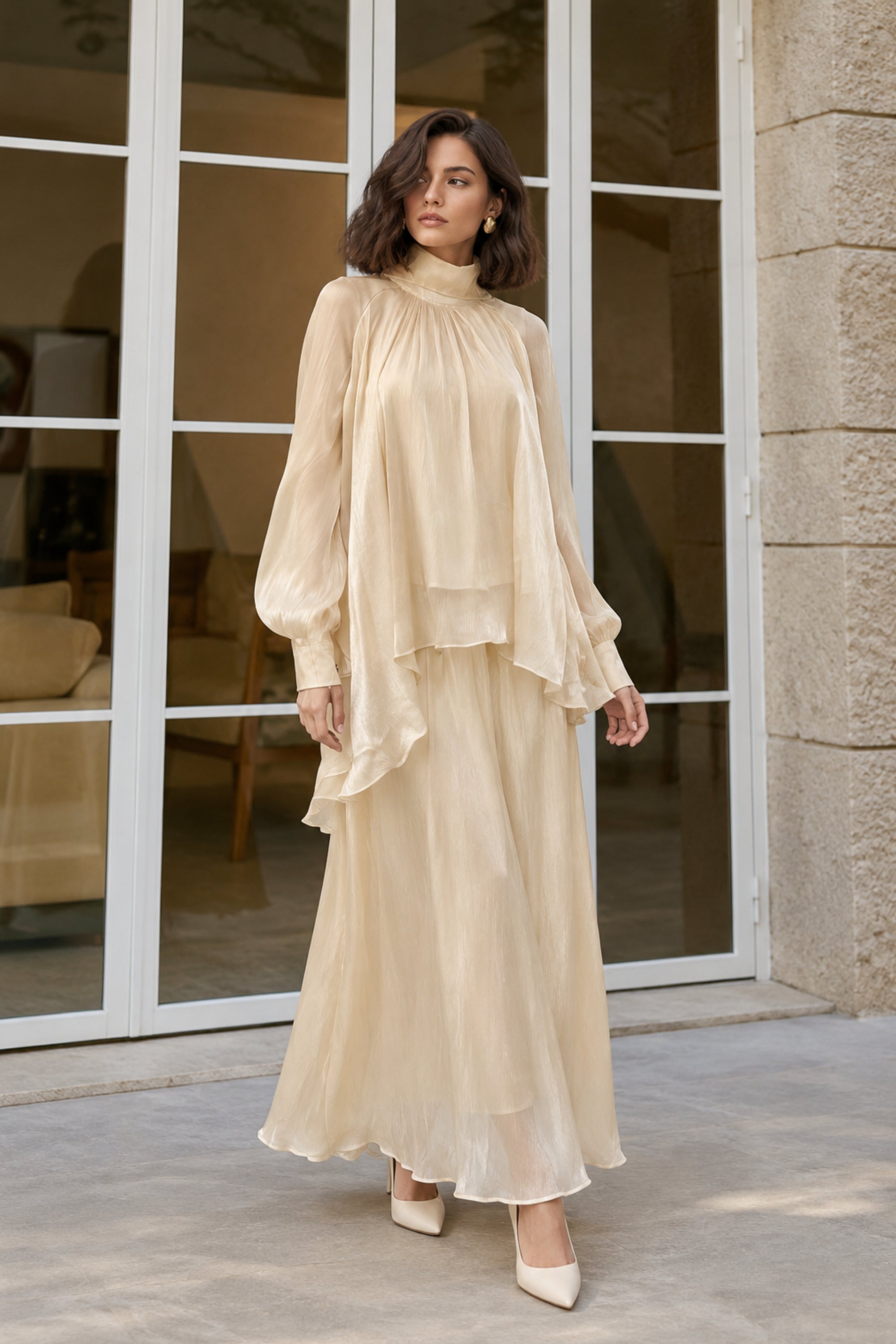Champagne chiffon veil co-ord set