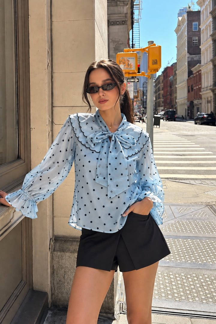 Black Polka Dot Organza Top with Bow