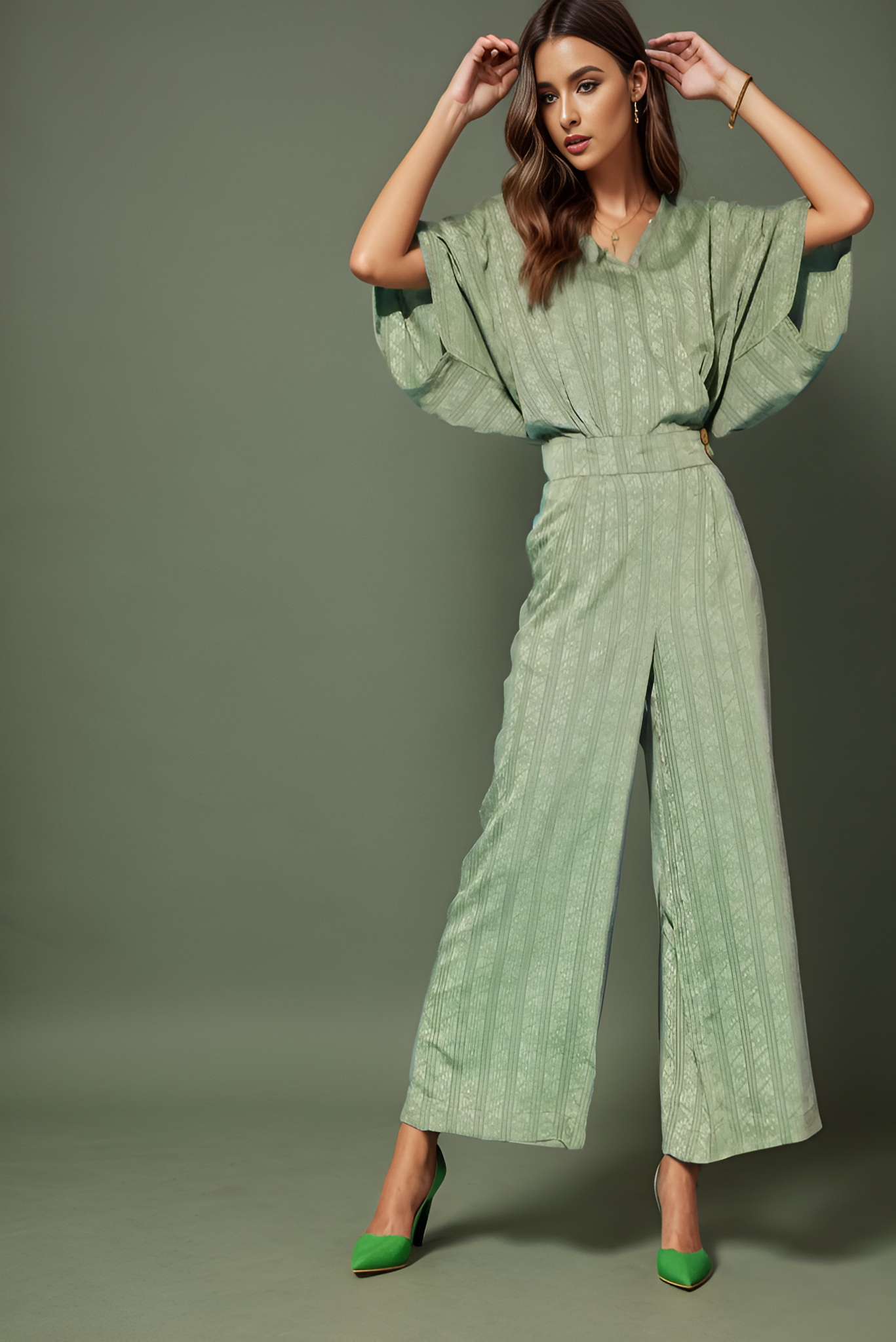 Designer Pista Green Raw Silk Party Wear Jumpsuit
