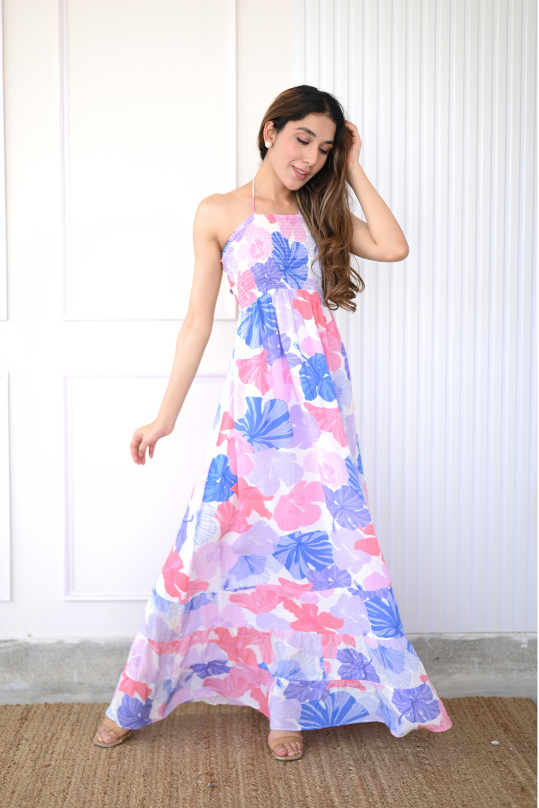 Floral beach party dress in pink and blue