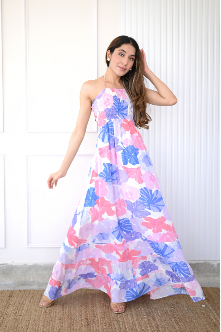 Pink and blue floral backless dress for summer 