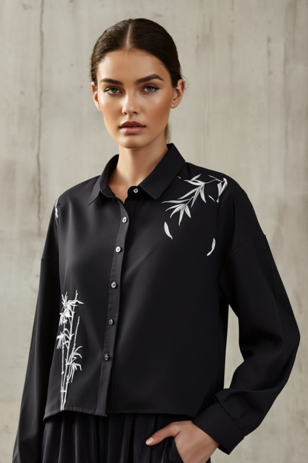 Black Cotton Shirt With Bamboo Embroidery